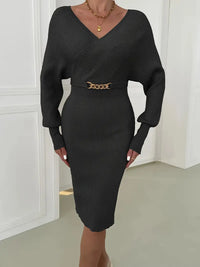 Damen Midikleid mit V-Ausschnitt und langen Ärmeln für Herbst und Winter – Schwarz