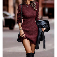 Damen Winter Mini-Kleid mit Rundhalsausschnitt – Weinrot