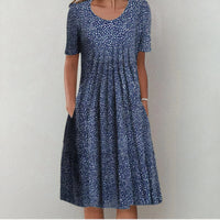 Heidi-Mode | Blumenmuster Falten Kurzarm Midikleid Chareema – Blaue Punkte