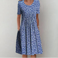 Heidi-Mode | Blumenmuster Falten Kurzarm Midikleid Chareema – Blau mit Blumen