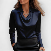 Elegante Damen Satinbluse mit Wasserfallkragen – Marine