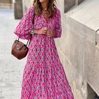 Rosa | Damen Boho Maxi-Kleid Puffärmel V-Ausschnitt Muster – Pink