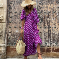 Rosa | Damen Boho Maxi-Kleid Puffärmel V-Ausschnitt Muster – Lila