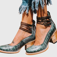 Helene | Damen Stiefel Blockabsatz Schnallenriemen Elegant Herbst Urban – Grüne Schlange