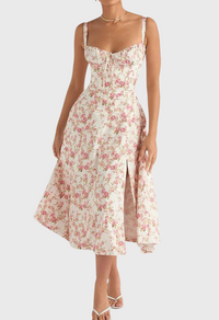 Karoline | Midi-Bustier-Korsett-Sonnenkleid – Rosenblüte