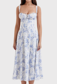 Karoline | Midi-Bustier-Korsett-Sonnenkleid – Blauer Druck