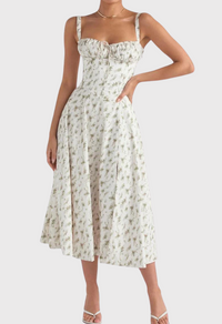 Karoline | Midi-Bustier-Korsett-Sonnenkleid – Grüner Druck