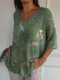 Vivien® | Wald- und Tiermotiv wiederholendes Muster bedruckter Damen Freizeitpullover Strick – Grün