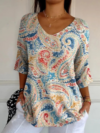 Mary | Damen Vintage Ethnische Blumen Kunstdruck Lässiger Pullover Strick – Mehrfarbig