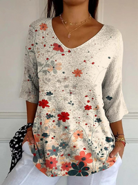 Amira-Marie® | Damen Vintage Blumenmuster Kunstdruck Lässiger Strickpullover – Mehrfarbig