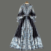 Petrin | Damen Kleid Mit Blumenmuster Gürtel – Blau - Schwarz