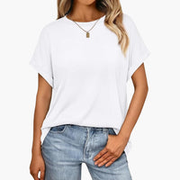 Damen Oversize T-Shirt mit Rundhals und Umschlagärmeln – Weiß