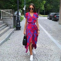 Eva | Stilvolles V-Ausschnitt-Kleid – Rot und Blau
