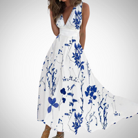 Via | Damen Maxi-Kleid Blumenprint V-Ausschnitt Ärmellos – Blau-Weiß