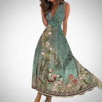 Via | Damen Maxi-Kleid Blumenprint V-Ausschnitt Ärmellos – Blau Grün