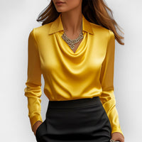 Elegante Damen Satinbluse mit Wasserfallkragen – Gelb