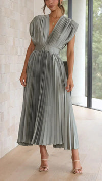 Elegantes Plissiertes Damen Abendkleid – Olivgrün