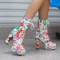 Blumige Damen Plateau Stiefel – Weiß