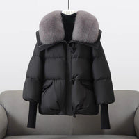 Pelzbesetzte Stepp-Pufferjacke für Frauen – Schwarz