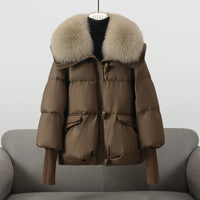 Pelzbesetzte Stepp-Pufferjacke für Frauen – Braun
