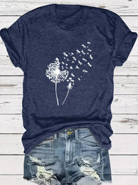 Vanessa | Lässiges T Shirt mit grafischem Löwenzahn Print – Marine
