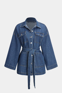Damen Geknöpft mit Gürtel Lang Jeansjacke – Denim Blau