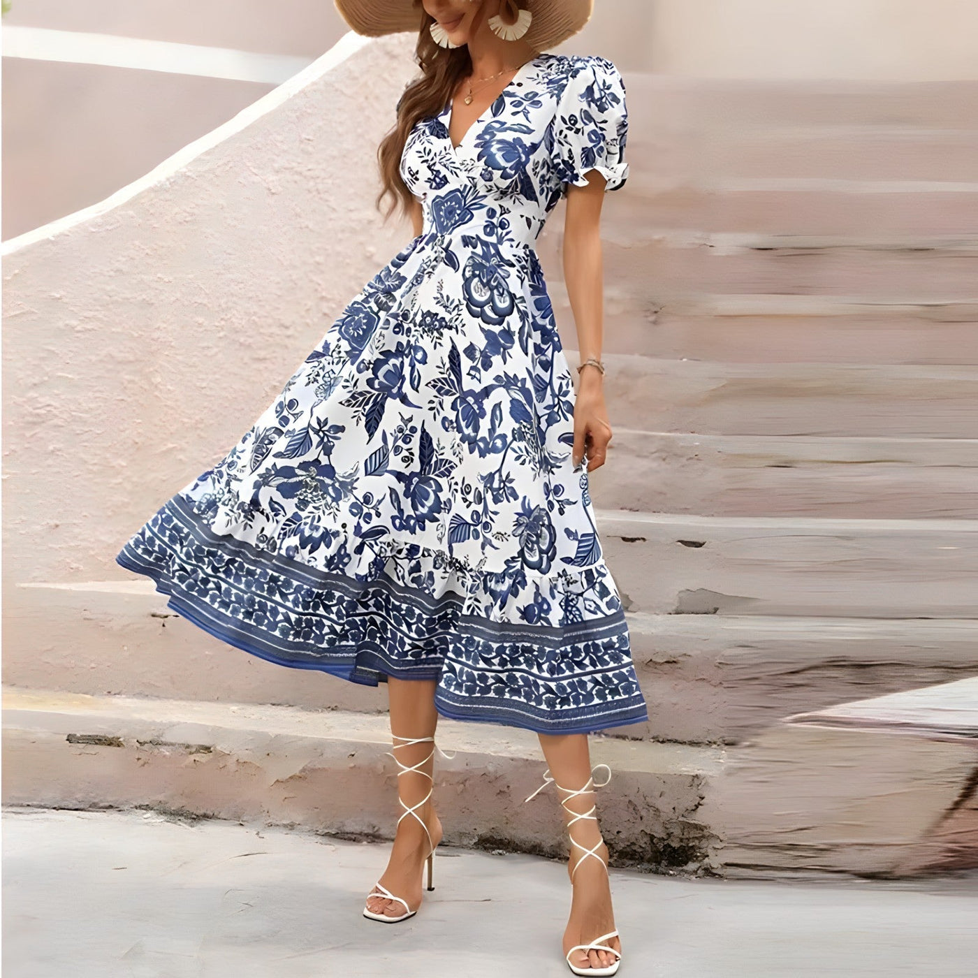 Dorothée - Elegantes Kleid mit V-Ausschnitt und Blumendruck