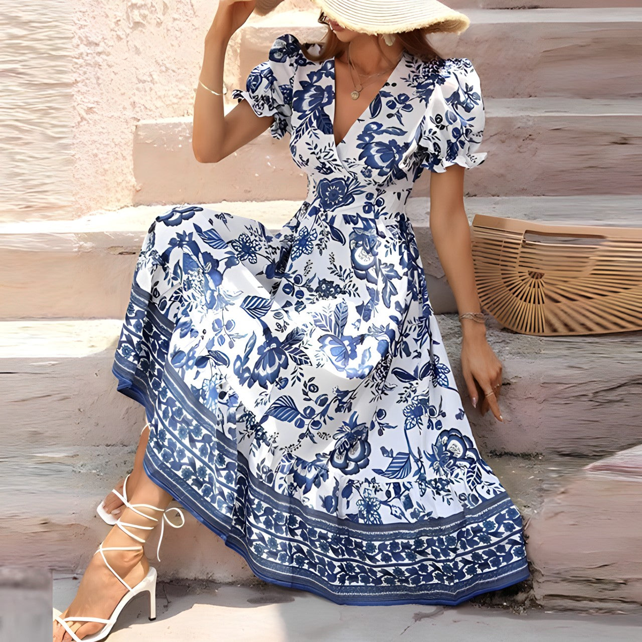 Dorothée - Elegantes Kleid mit V-Ausschnitt und Blumendruck