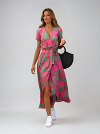 Suzanne – Elegantes V-Ausschnitt Kleid – Rosa und Grün