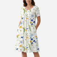 Käthe | Damen Viskose Midikleid Bindegürtel – Viskose Midi Tailliert Gürtel – Weiße Blume