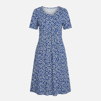Käthe | Damen Viskose Midikleid Bindegürtel – Viskose Midi Tailliert Gürtel – Weiß und Blau
