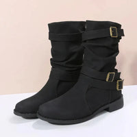 Damen Dirndl Schuhe | Mittelhohe Stiefel Mit Schnallenriemen – Schwarz