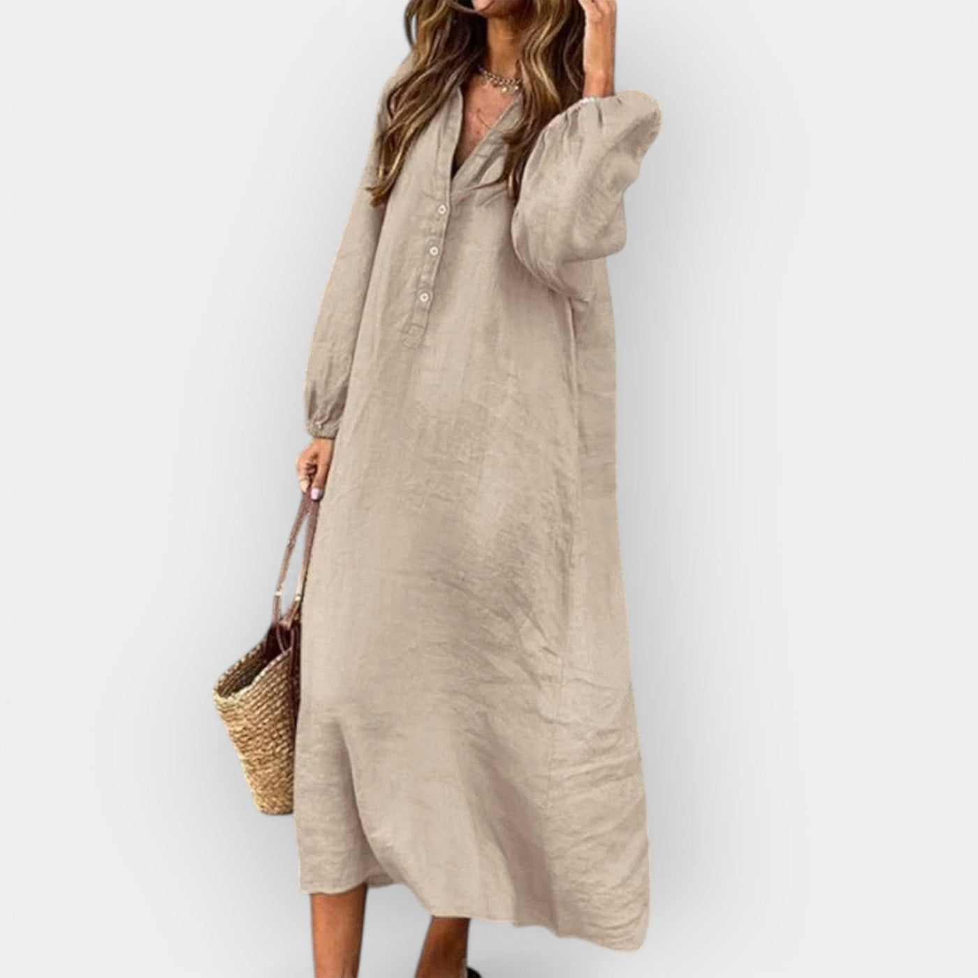Bequemes V-Ausschnitt Damen Leinenkleid