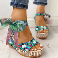 Damen Keilabsatz Sandalen mit Blumenmuster in Elegant-Trend – Blau