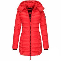 Winterjacke Damen Gefüttert Mit Kapuze | Lang Mit Reißverschluss und Taschen – Rot