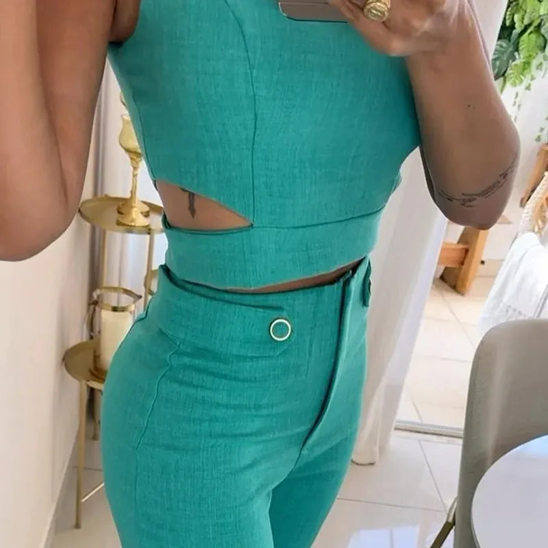 Henna - Hohltop und High-Waist-Weitbeinhosen-Set