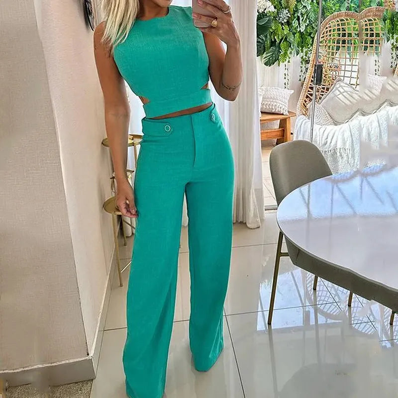 Henna - Hohltop und High-Waist-Weitbeinhosen-Set