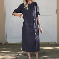UTA - LEINEN-KLEID MIT KNOPFLEISTE – Dunkelblau