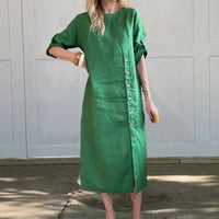 Adelie™ Baumwoll-Leinenkleid mit seitlichen Knöpfen und raffiniertem Schlitz / Bewegung und Eleganz in der richtigen Dosierung! – Grün