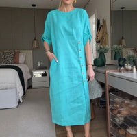 ELEANOR - KLEID AUS LEINEN UND BAUMWOLLE – Blau