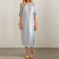 Adelie™ Baumwoll-Leinenkleid mit seitlichen Knöpfen und raffiniertem Schlitz / Bewegung und Eleganz in der richtigen Dosierung! – Blau