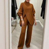 LyraKnit™ - Set aus Hochwertigem Strick mit Strukturierter Oversize-Bluse und Gerader Hose – Natürliche Eleganz! – Braun