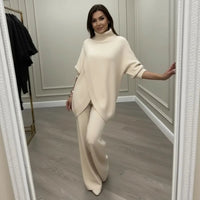 LyraKnit™ - Set aus Hochwertigem Strick mit Strukturierter Oversize-Bluse und Gerader Hose – Natürliche Eleganz! – Weiß