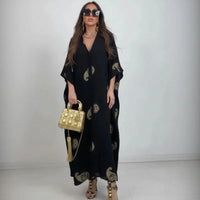Zahara™-Kleid aus fließender Viskose mit goldenen Verzierungen / Skulpturale Eleganz für Frauen mit beeindruckender Ausstrahlung! – Schwarz