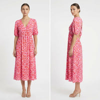 Valeria™ Leichtes Viskosekleid mit V-Ausschnitt und Fließenden Ärmeln – Sunset Rosa