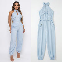 Dominna™ Jumpsuit aus Leichter Sarja im Raffinierten Cargo-Stil – Blau