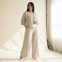 Roots™ Baumwoll-Leinen-Set mit Lockerem Oberteil und Eleganter Weit Geschnittener Hose – Cremefarben