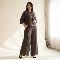 Roots™ Baumwoll-Leinen-Set mit Lockerem Oberteil und Eleganter Weit Geschnittener Hose – Kaffee