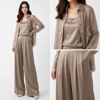 Seville Satin Touch™ 3-Teiliges Set mit Fließender Überwurfbluse und Weiter Hose – Khaki