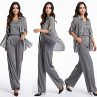 Seville Satin Touch™ 3-Teiliges Set mit Fließender Überwurfbluse und Weiter Hose – Grau